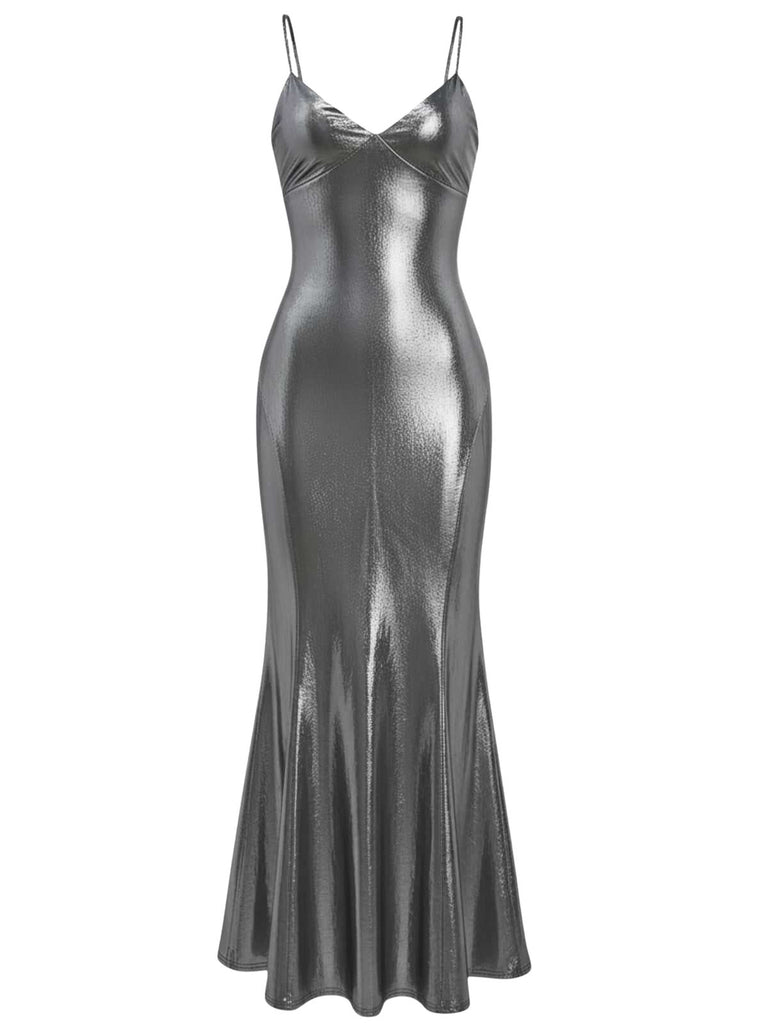 Silver 1930s Spaghetti Strap Mermaid Dress