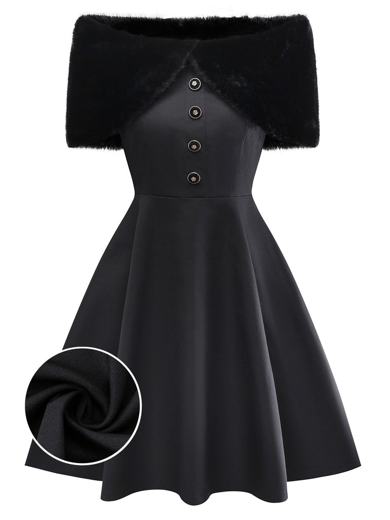 [Pre-Sale] Black 1950s Solid Plush Cape Buttoned Dress