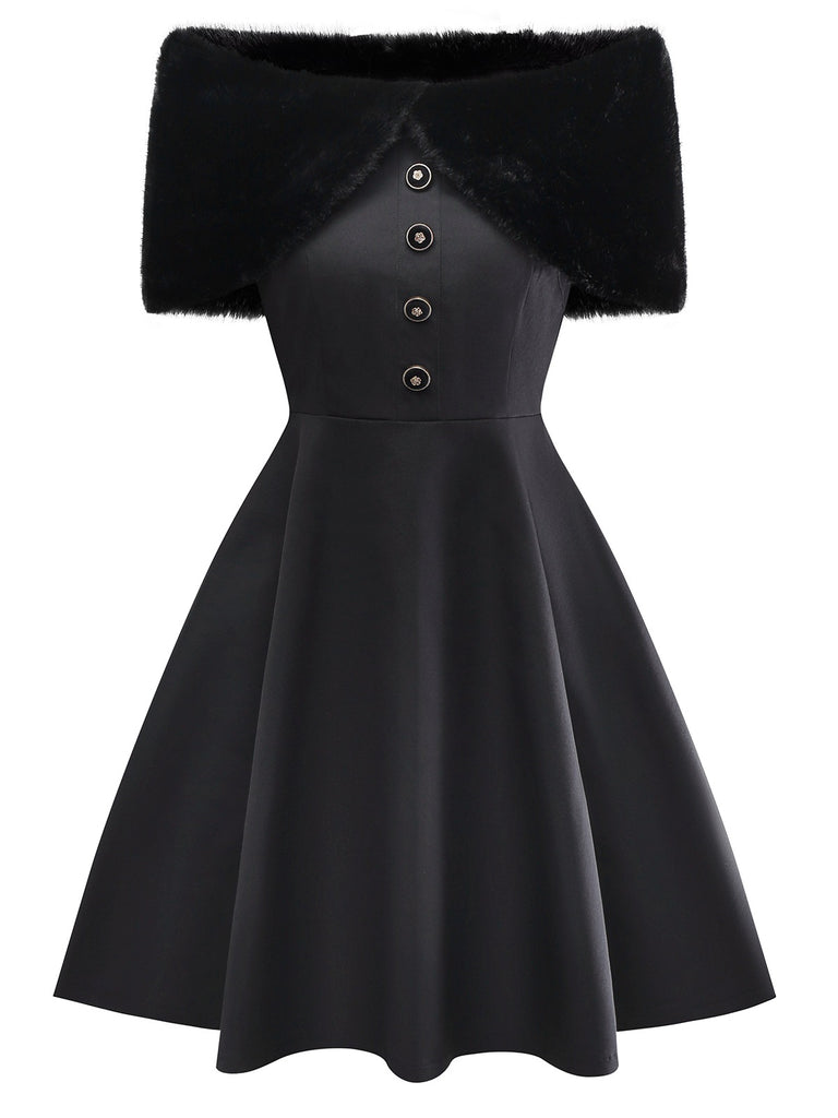 [Pre-Sale] Black 1950s Solid Plush Cape Buttoned Dress