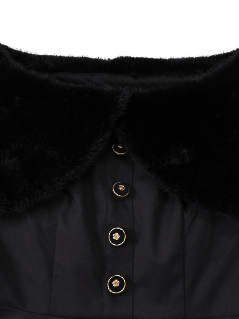 [Pre-Sale] Black 1950s Solid Plush Cape Buttoned Dress