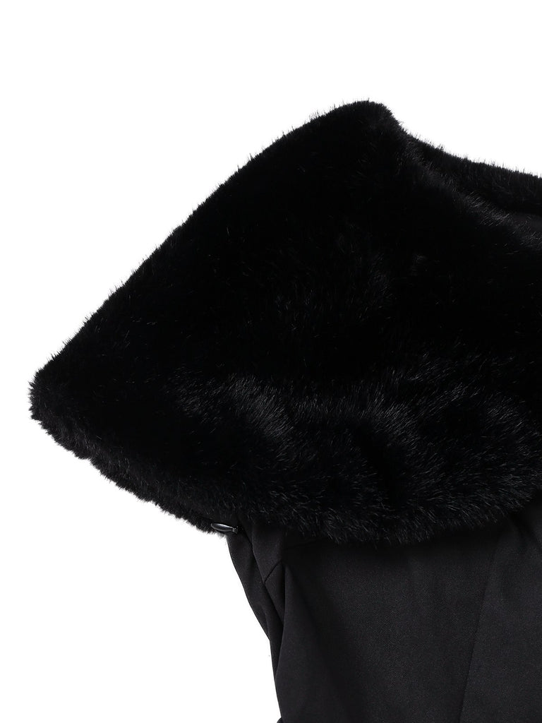 [Pre-Sale] Black 1950s Solid Plush Cape Buttoned Dress