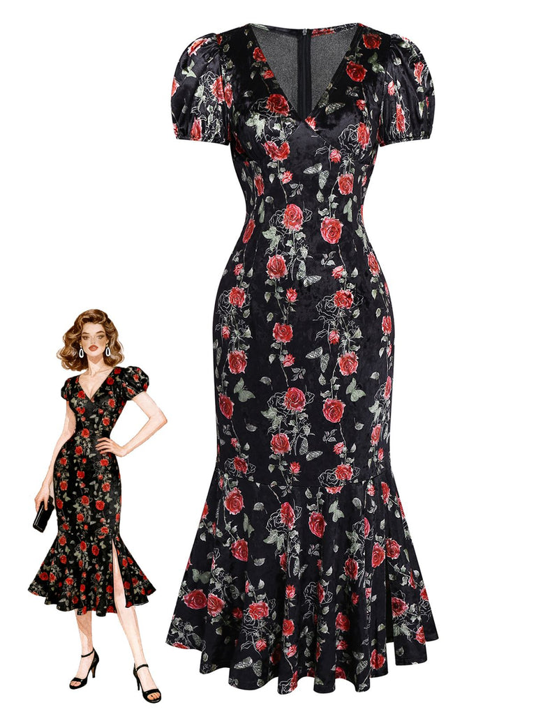 [Pre-Sale] Black 1930s Rose V-Neck Velvet Dress