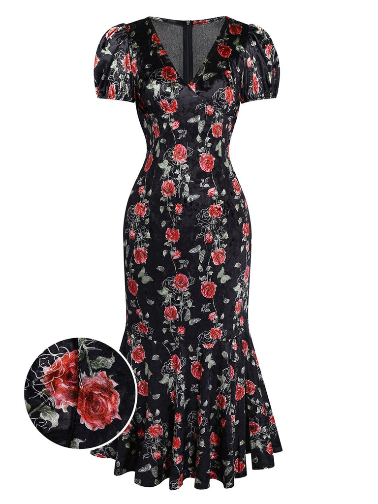 [Pre-Sale] Black 1930s Rose V-Neck Velvet Dress