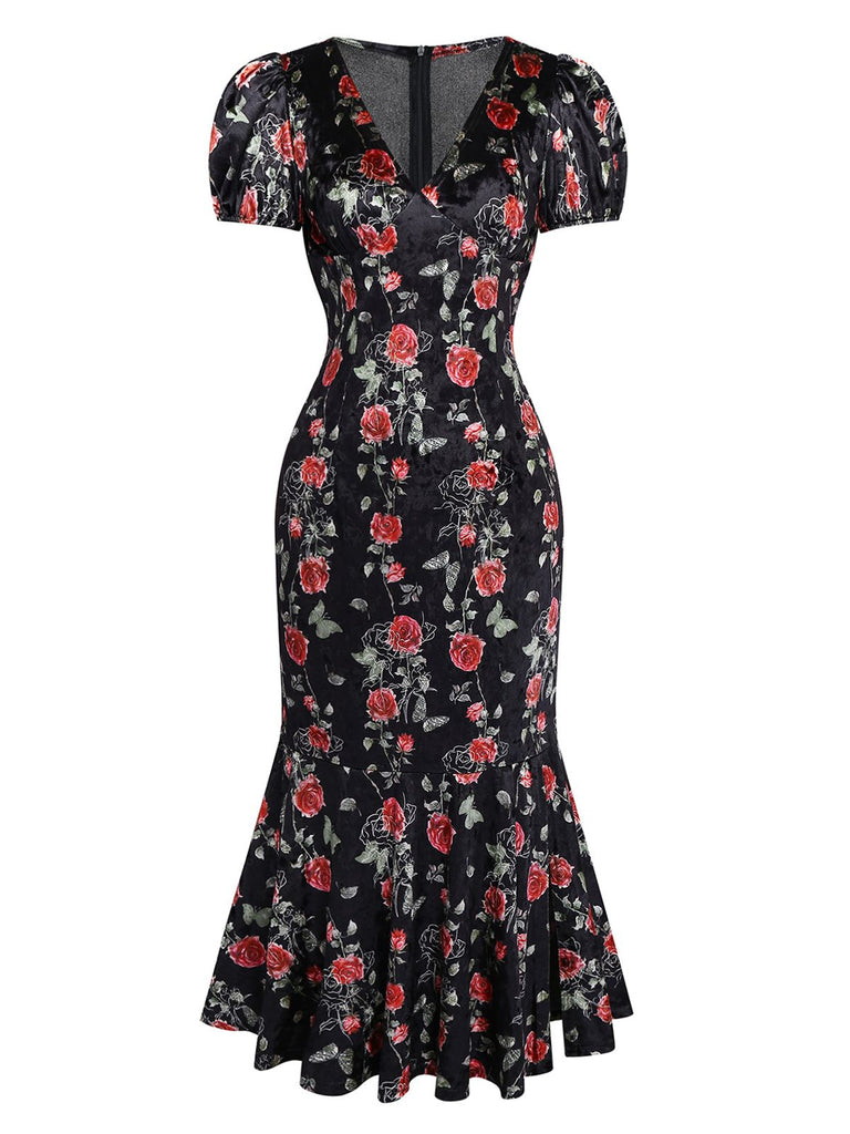 [Pre-Sale] Black 1930s Rose V-Neck Velvet Dress