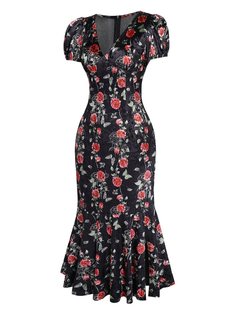 [Pre-Sale] Black 1930s Rose V-Neck Velvet Dress