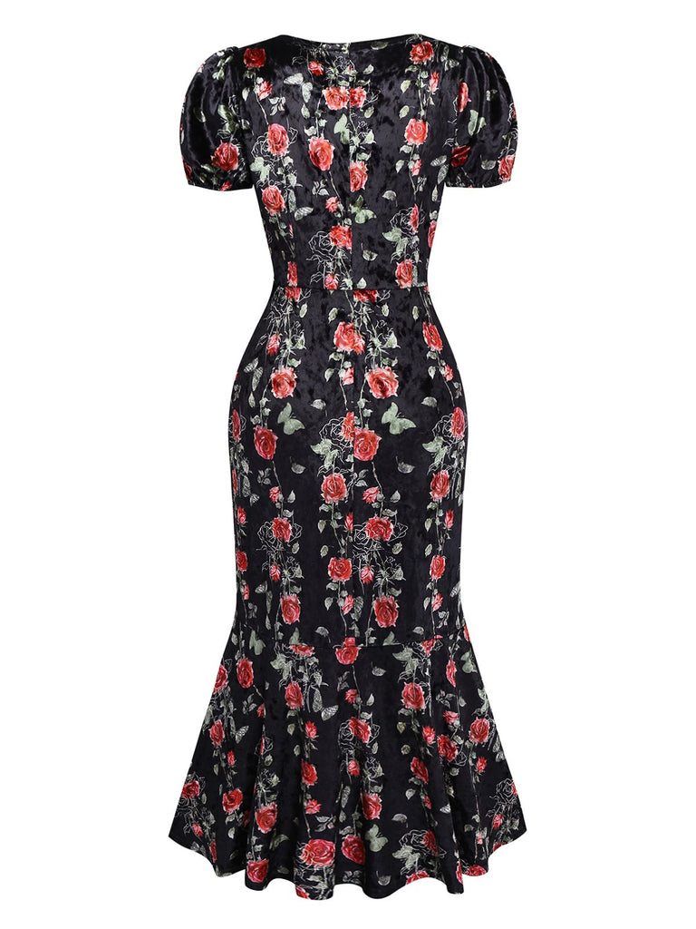 [Pre-Sale] Black 1930s Rose V-Neck Velvet Dress