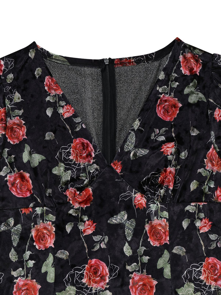 [Pre-Sale] Black 1930s Rose V-Neck Velvet Dress