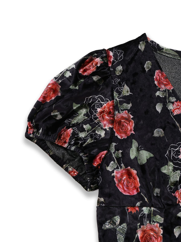 [Pre-Sale] Black 1930s Rose V-Neck Velvet Dress