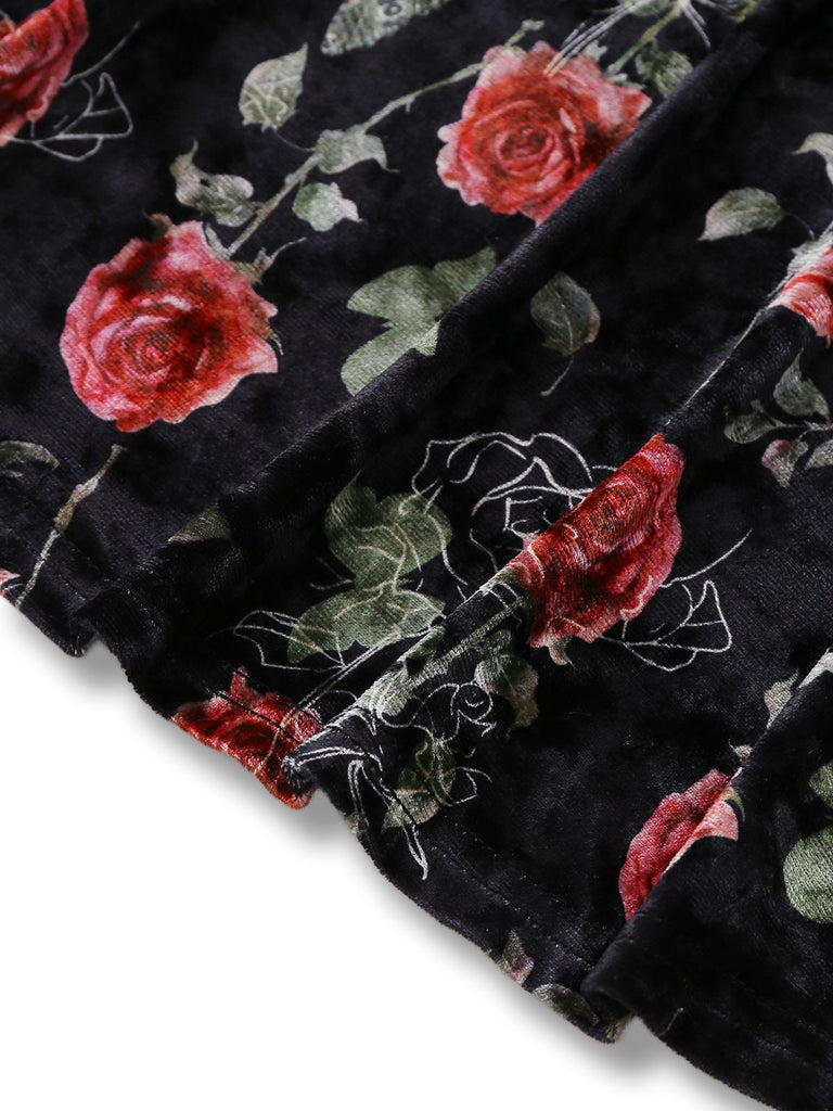 [Pre-Sale] Black 1930s Rose V-Neck Velvet Dress