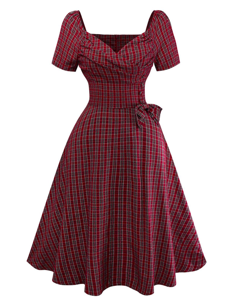 [Pre-Sale] Red 1950s Plaid Ruched Sweetheart Neck Bow Dress