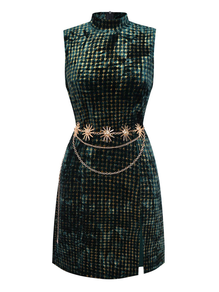 [Pre-Sale] Green 1960s Houndstooth Gold Glitter Velvet Dress