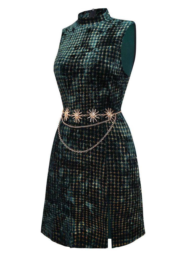 [Pre-Sale] Green 1960s Houndstooth Gold Glitter Velvet Dress
