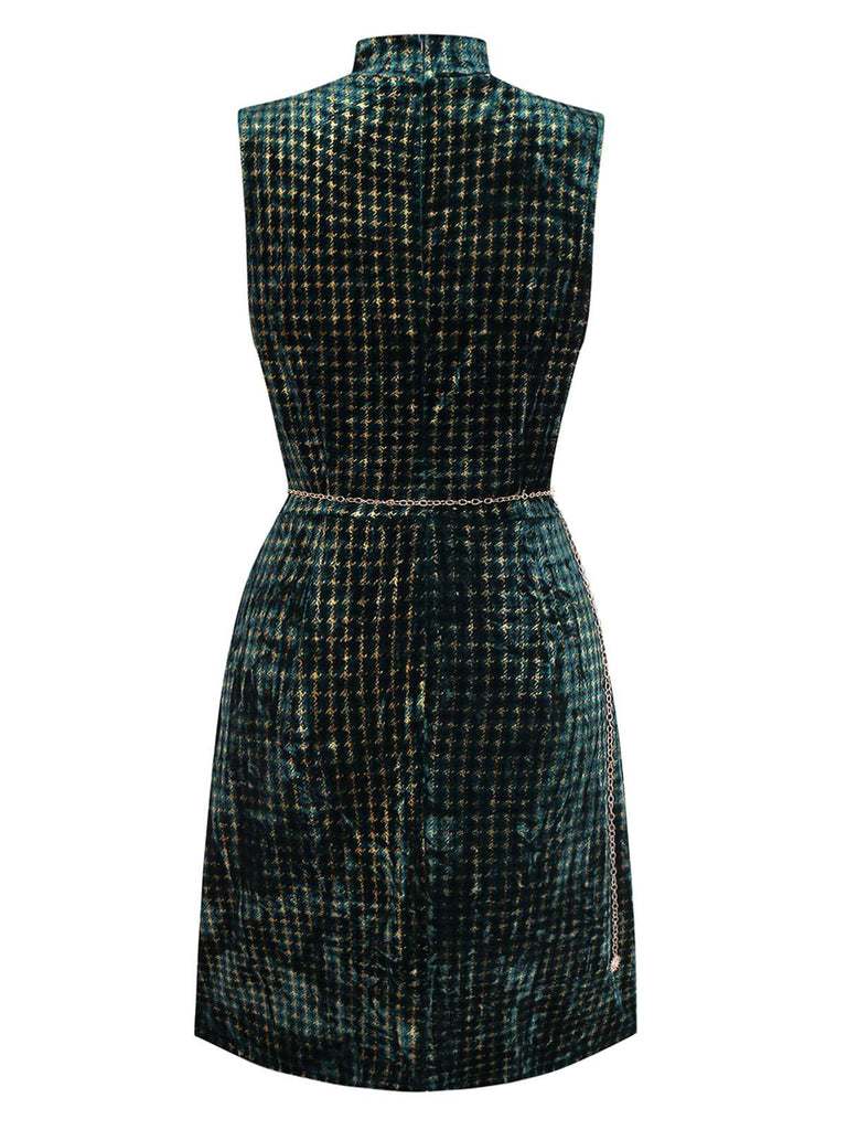[Pre-Sale] Green 1960s Houndstooth Gold Glitter Velvet Dress