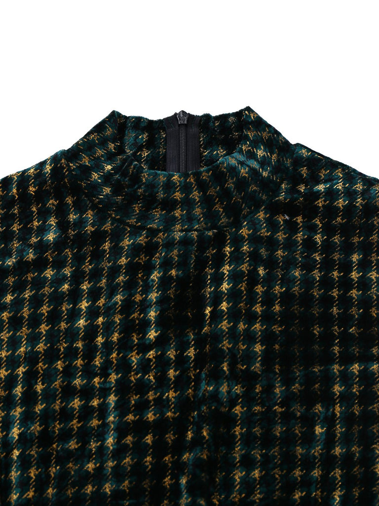 [Pre-Sale] Green 1960s Houndstooth Gold Glitter Velvet Dress