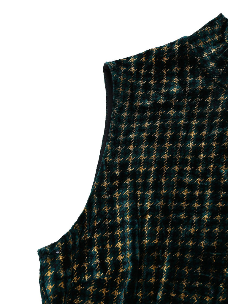 [Pre-Sale] Green 1960s Houndstooth Gold Glitter Velvet Dress