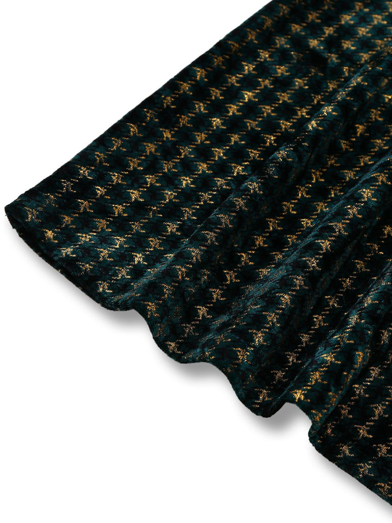 [Pre-Sale] Green 1960s Houndstooth Gold Glitter Velvet Dress
