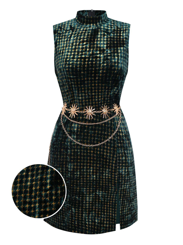 [Pre-Sale] Green 1960s Houndstooth Gold Glitter Velvet Dress