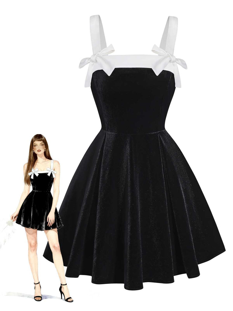 [Pre-Sale] Black 1950s Slip Velvet Bow Dress