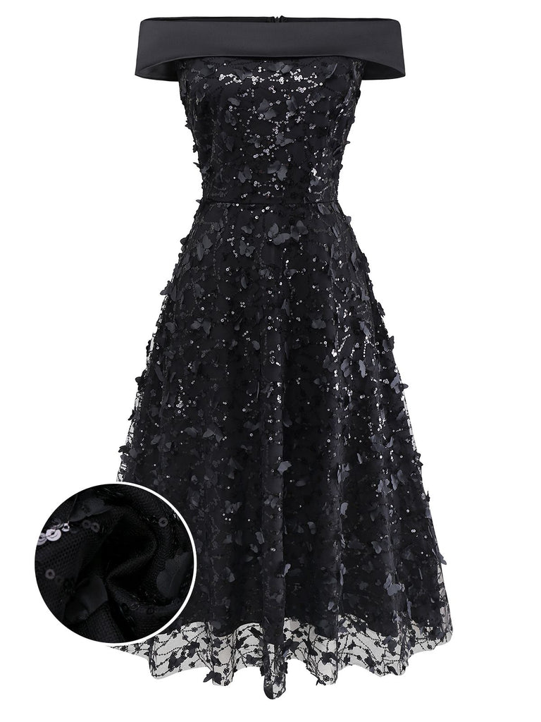 [Pre-Sale] Black 1970s Lace Rose Sequin Off Shoulder Midi Dress
