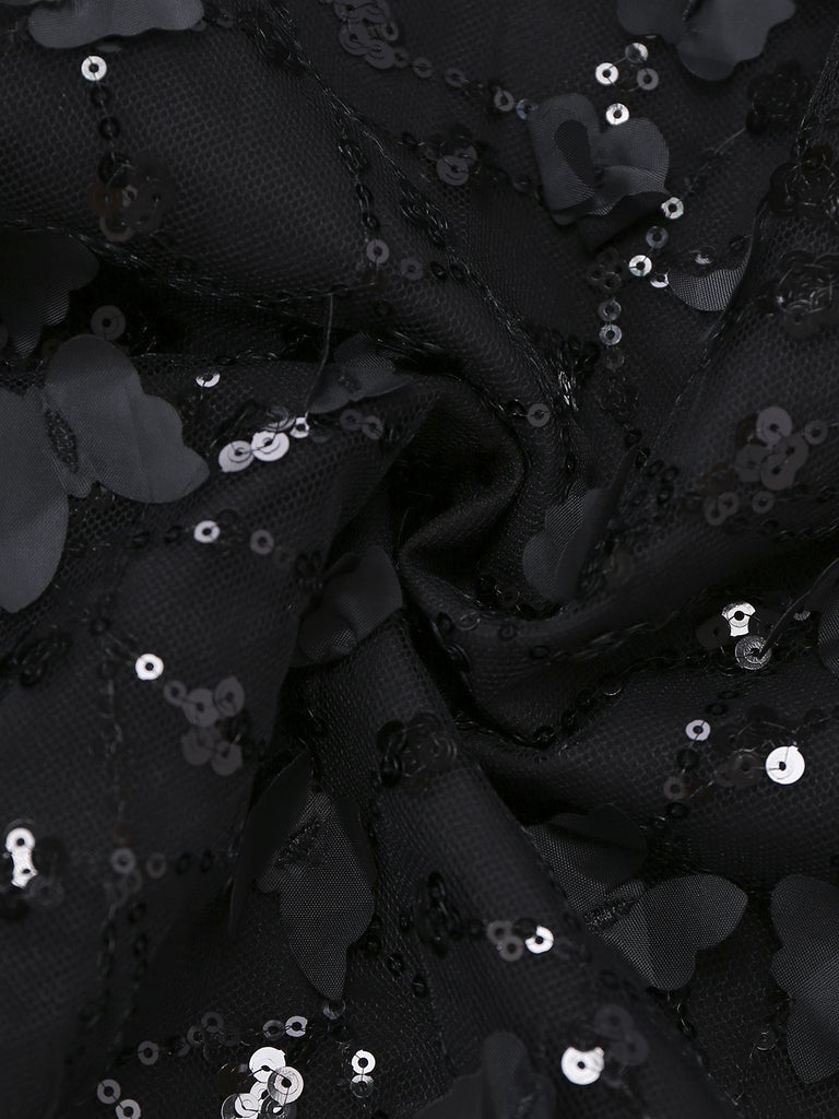 [Pre-Sale] Black 1970s Lace Rose Sequin Off Shoulder Midi Dress