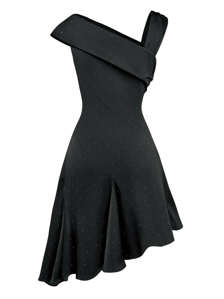[Pre-Sale] Black 1960s Satin Rhinestone Off-Shoulder Dress
