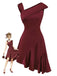 Wine Red 1960s Satin Rhinestone Off-Shoulder Dress