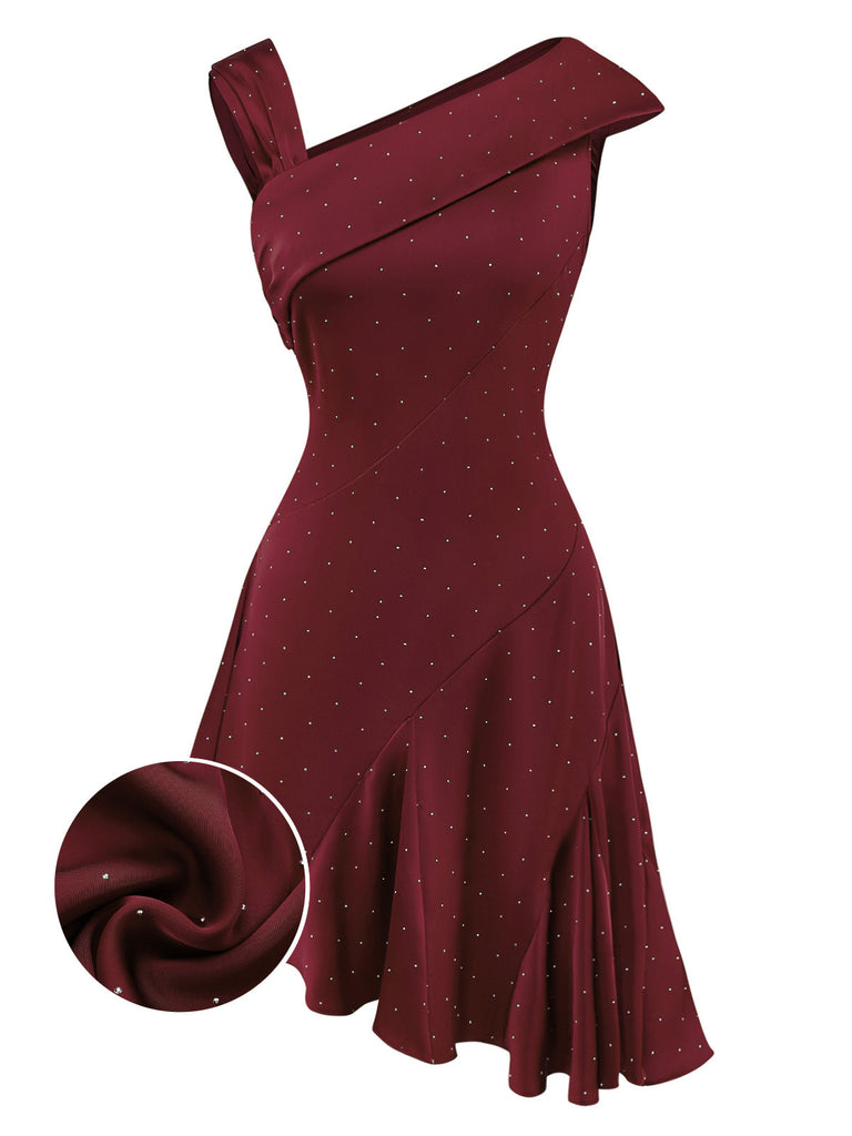 Wine Red 1960s Satin Rhinestone Off-Shoulder Dress