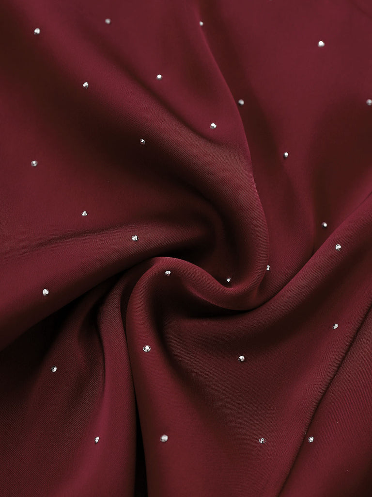 Wine Red 1960s Satin Rhinestone Off-Shoulder Dress
