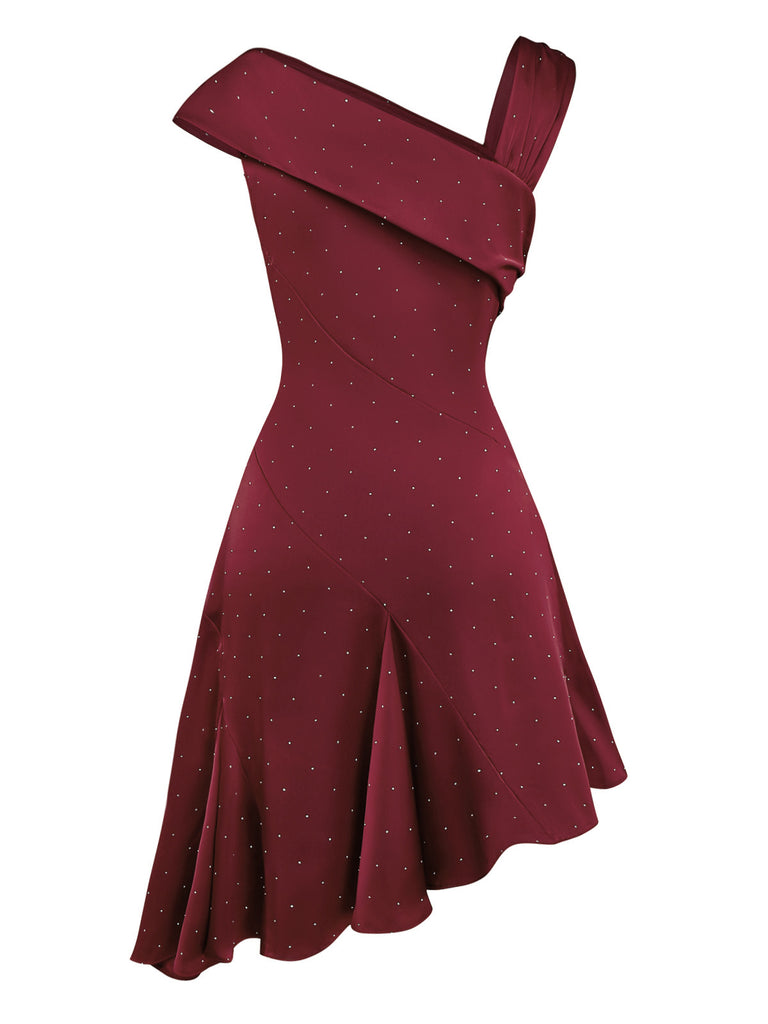 Wine Red 1960s Satin Rhinestone Off-Shoulder Dress