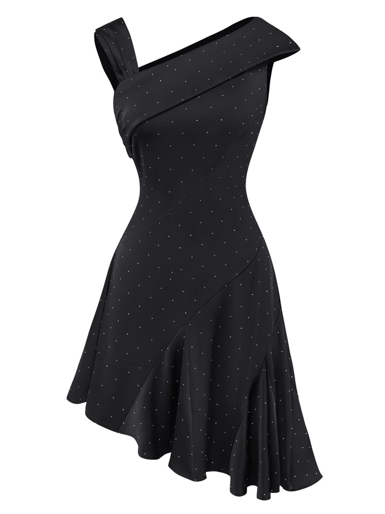 [Pre-Sale] Black 1960s Satin Rhinestone Off-Shoulder Dress