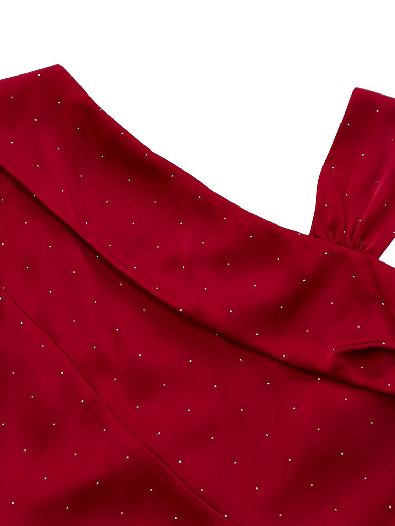 [Pre-Sale] Wine Red 1960s Satin Rhinestone Off-Shoulder Dress