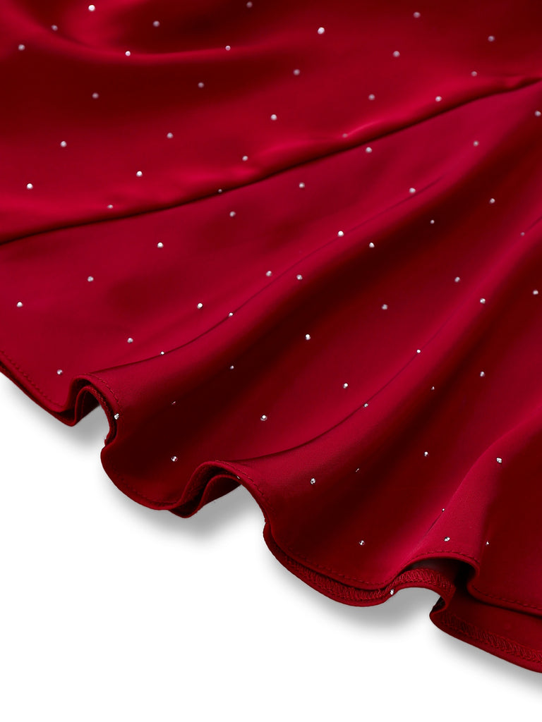 [Pre-Sale] Wine Red 1960s Satin Rhinestone Off-Shoulder Dress