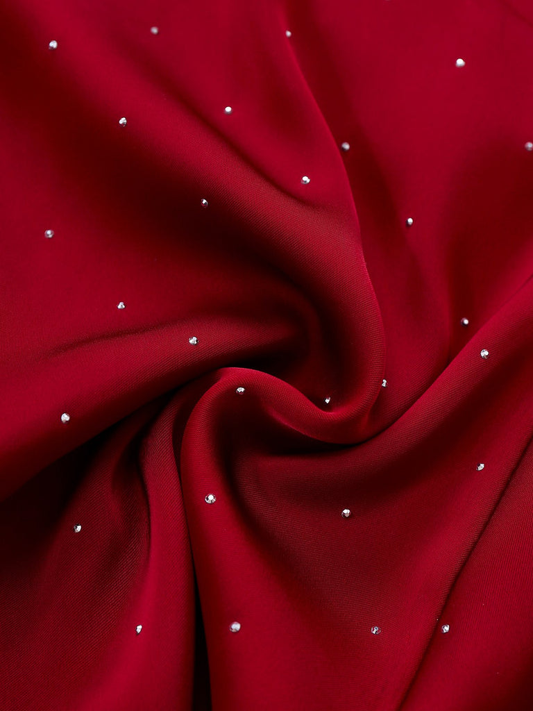 [Pre-Sale] Wine Red 1960s Satin Rhinestone Off-Shoulder Dress