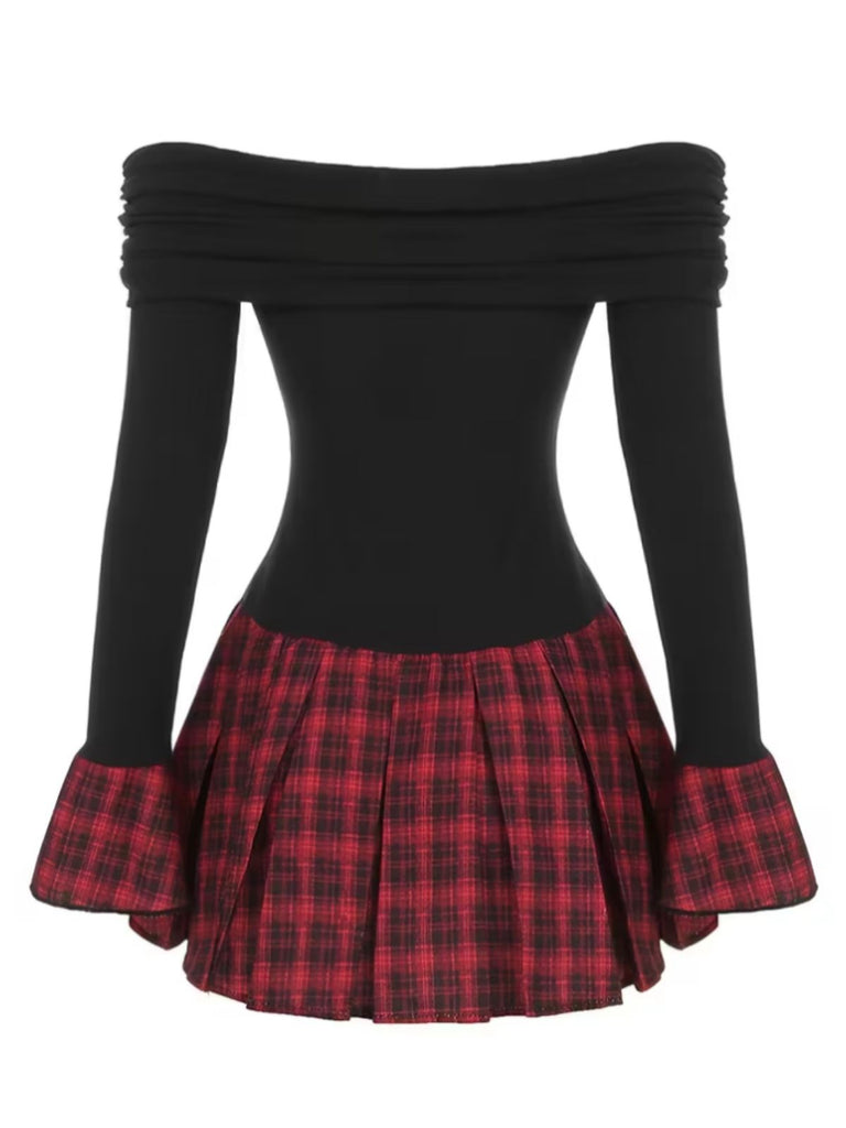 Black 1960s Tartan Plaid Off-Shoulder Pleated Dress