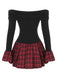 Black 1960s Tartan Plaid Off-Shoulder Pleated Dress