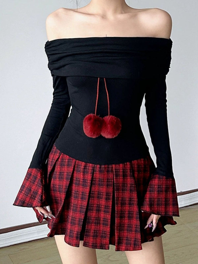 Black 1960s Tartan Plaid Off-Shoulder Pleated Dress