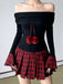 Black 1960s Tartan Plaid Off-Shoulder Pleated Dress