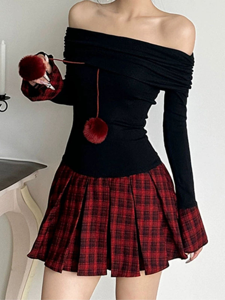 Black 1960s Tartan Plaid Off-Shoulder Pleated Dress