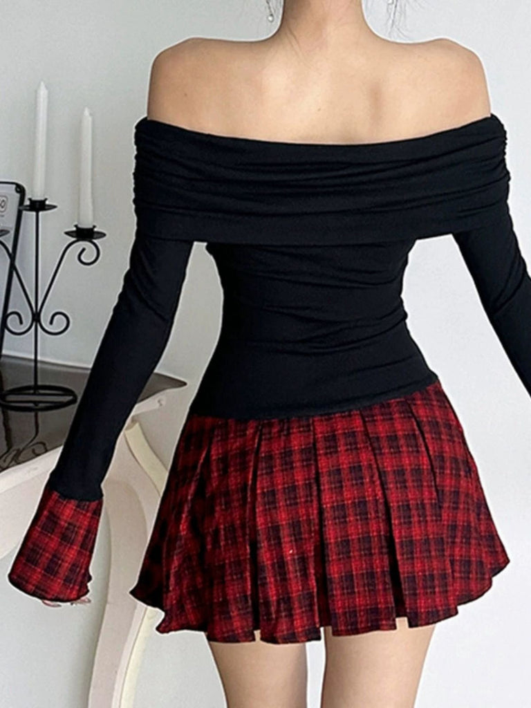 Black 1960s Tartan Plaid Off-Shoulder Pleated Dress