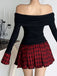 Black 1960s Tartan Plaid Off-Shoulder Pleated Dress