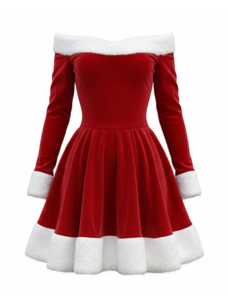 Red 1960s Christmas Velvet Off-Shoulder Long Sleeve Dress