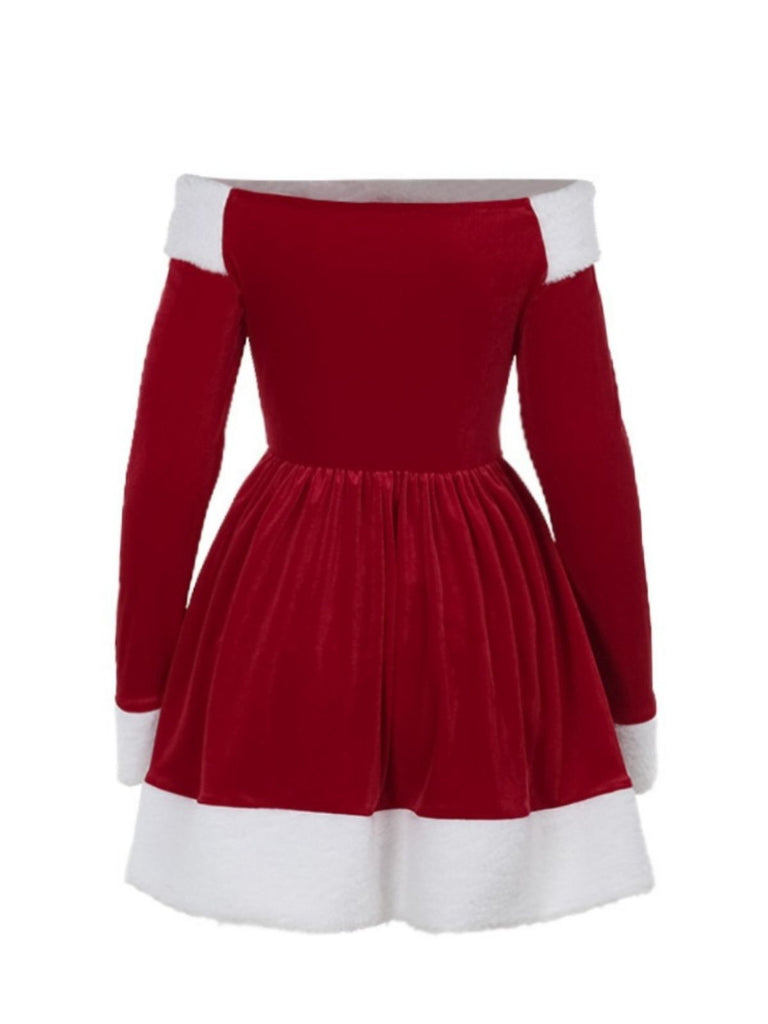 Red 1960s Christmas Velvet Off-Shoulder Long Sleeve Dress