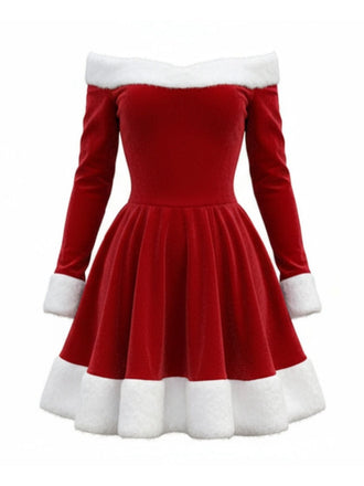 Red 1960s Christmas Velvet Off-Shoulder Long Sleeve Dress