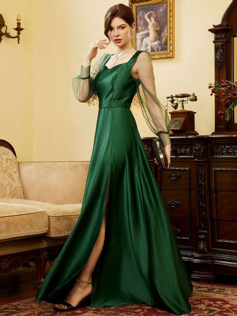Green 1930s Illusion Sleeve Satin Slit Dress