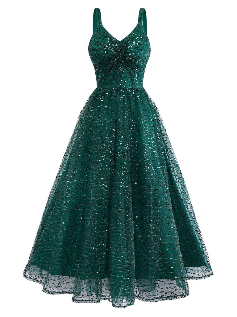 Green 1930s Twisted Sequin Mesh Dress