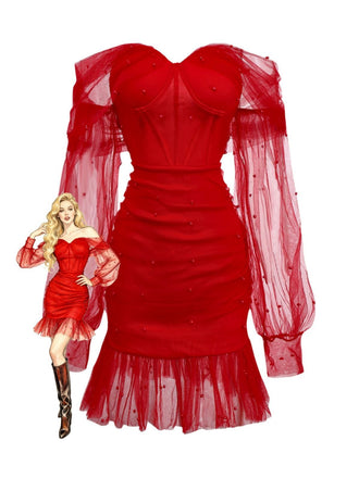 1960s Beading Sweetheart Neck Off-Shoulder Mesh Dress