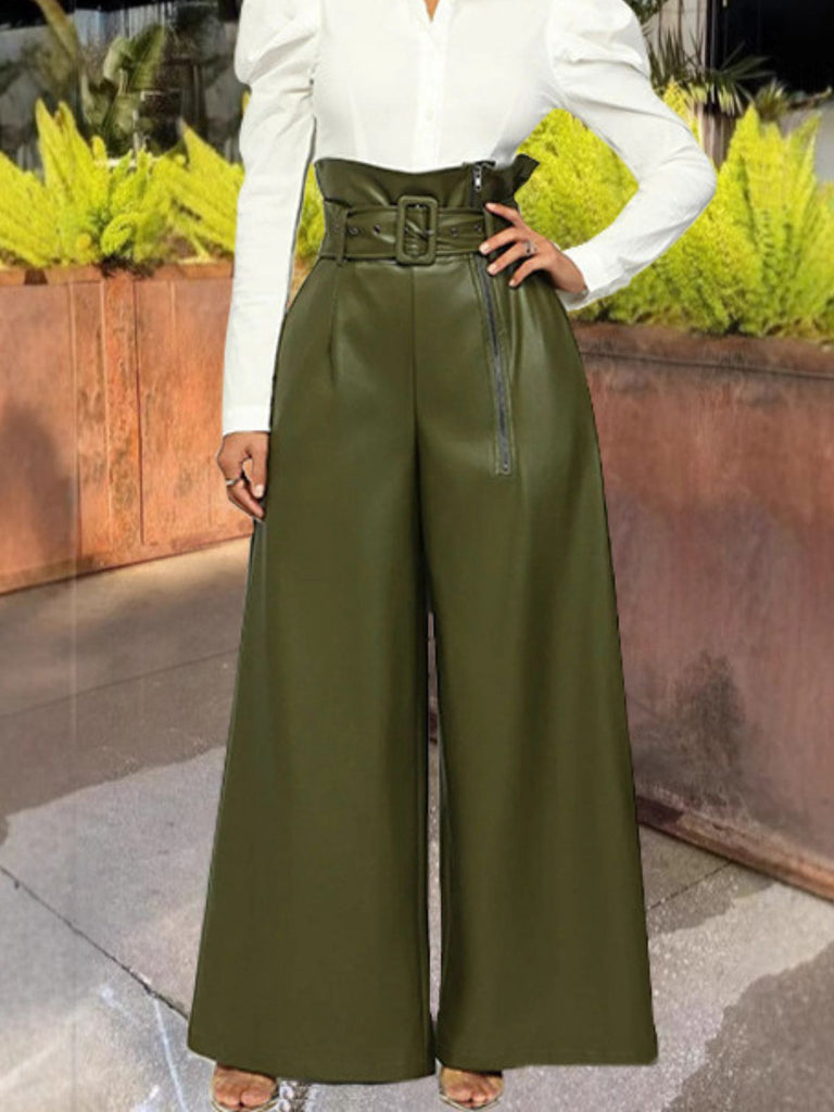 1980s Solid PU Leather Belted Wide-Leg Pants