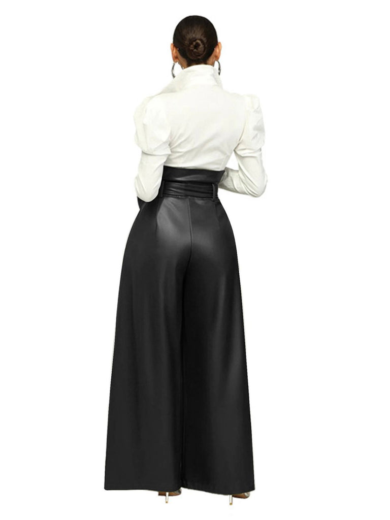 1980s Solid PU Leather Belted Wide-Leg Pants