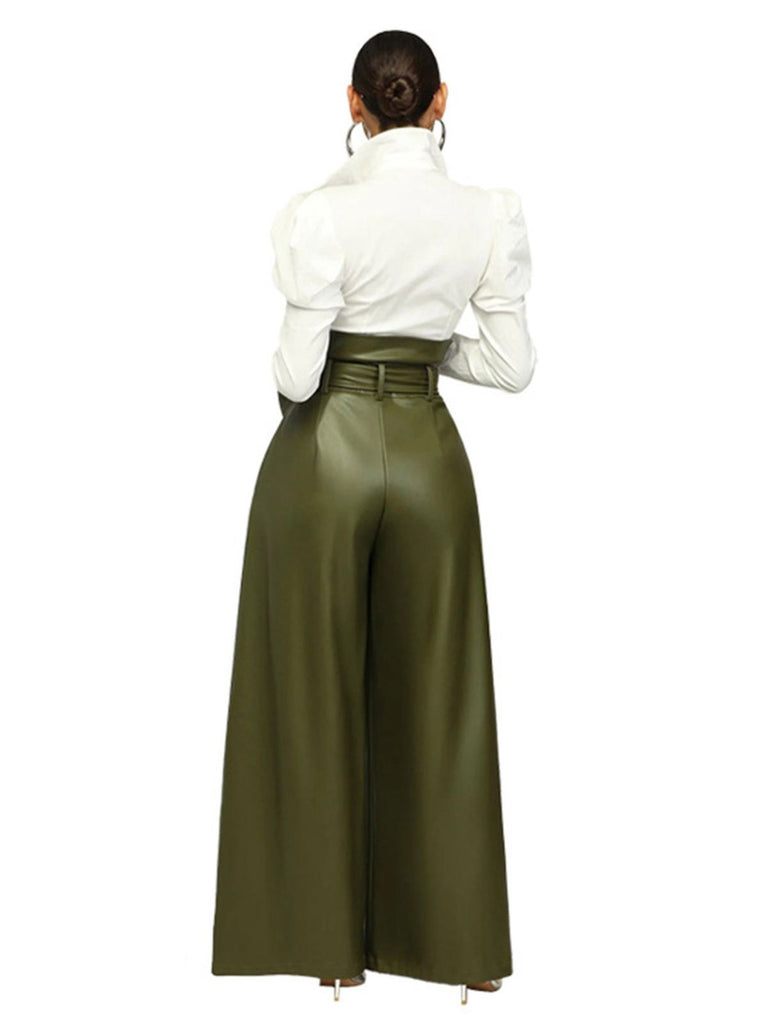 1980s Solid PU Leather Belted Wide-Leg Pants
