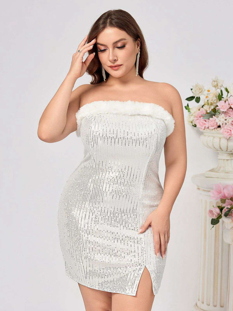 [Plus Size] White 1960s Plush Collar Sequined Bodycon Dress